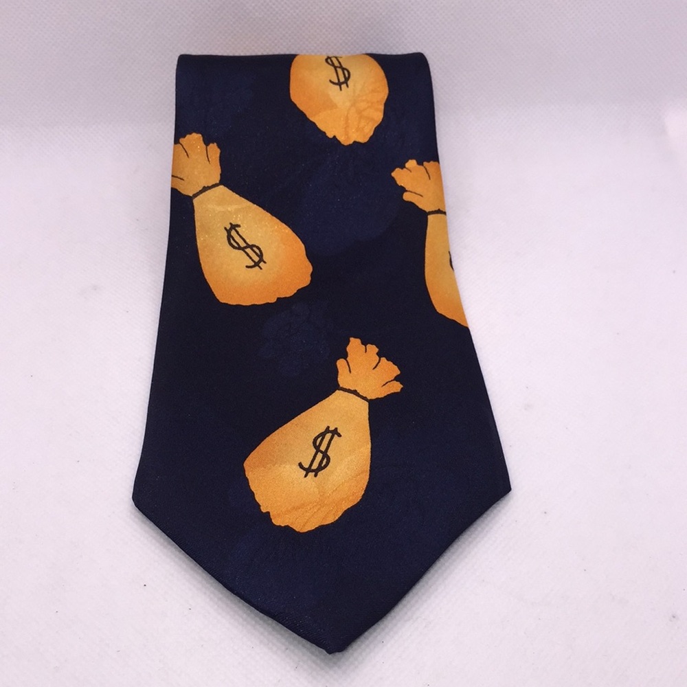 Money Bags Cash Coins Bank Financial Men’s Tie Nay Blue Orange